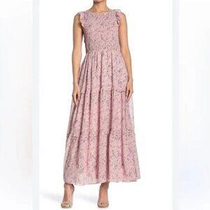 Melloday Rose Pink Floral Maxi Dress Smocked Tiered Lined Size Large L EUC